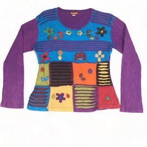 Dragonfly Brand Long Sleeve Tee Hippie Yoga Nepal 100% Cotton Purple Floral XXL